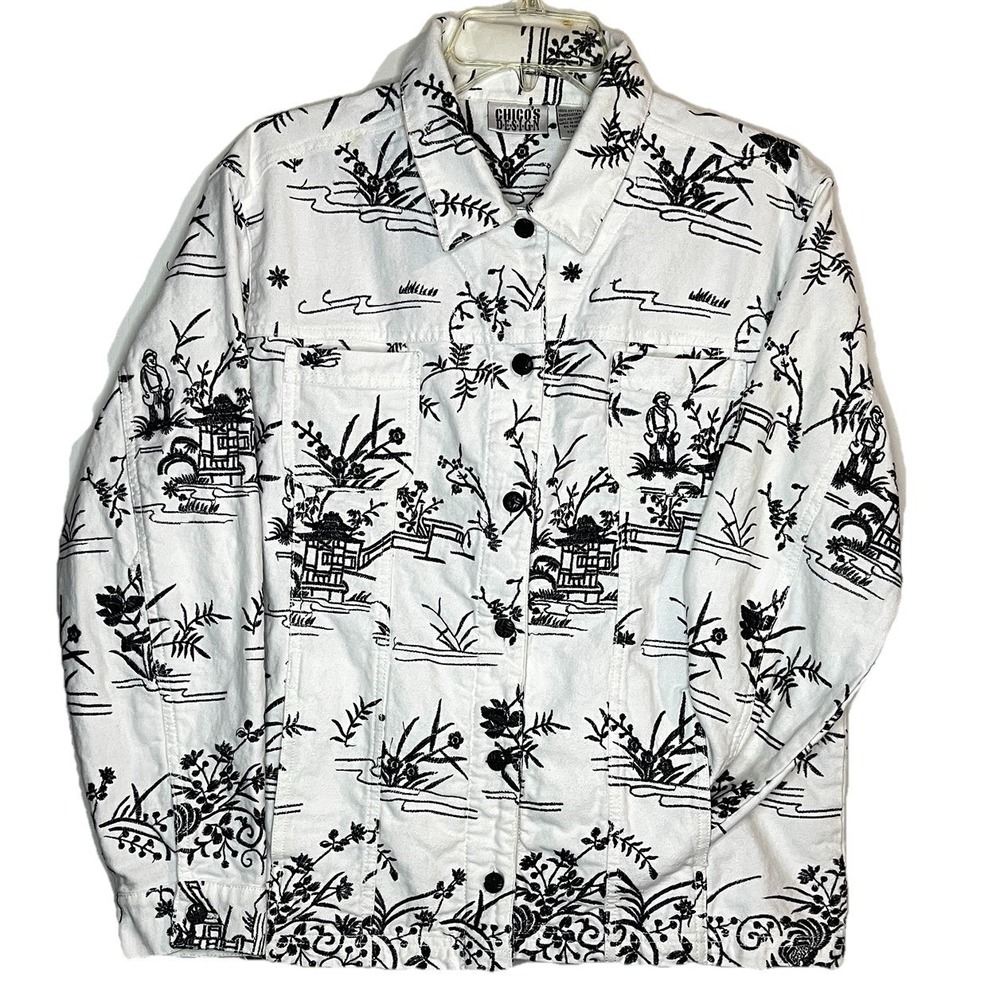 Vintage Chicos Design‎ Jacket Women Size 2 Asian Motif Black Embroidered White